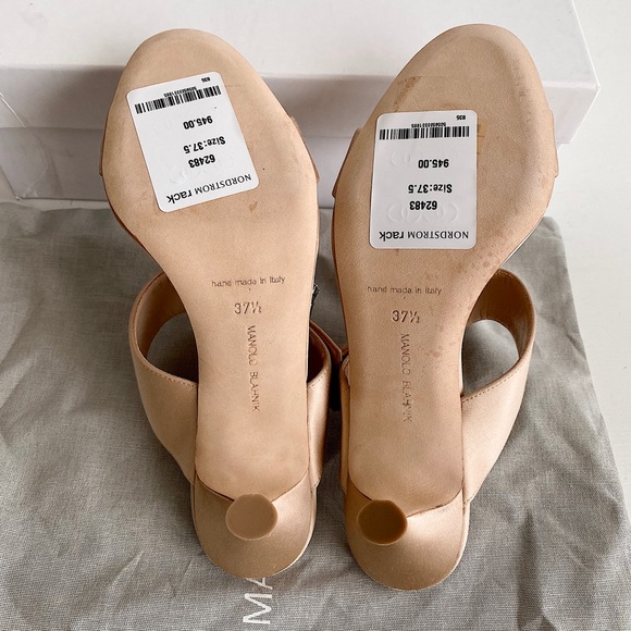 ✨New MANOLO BLAHNIK Verda Satin Crystal Slide Heel Sandals Nude Size 37.5 - Picture 12 of 16